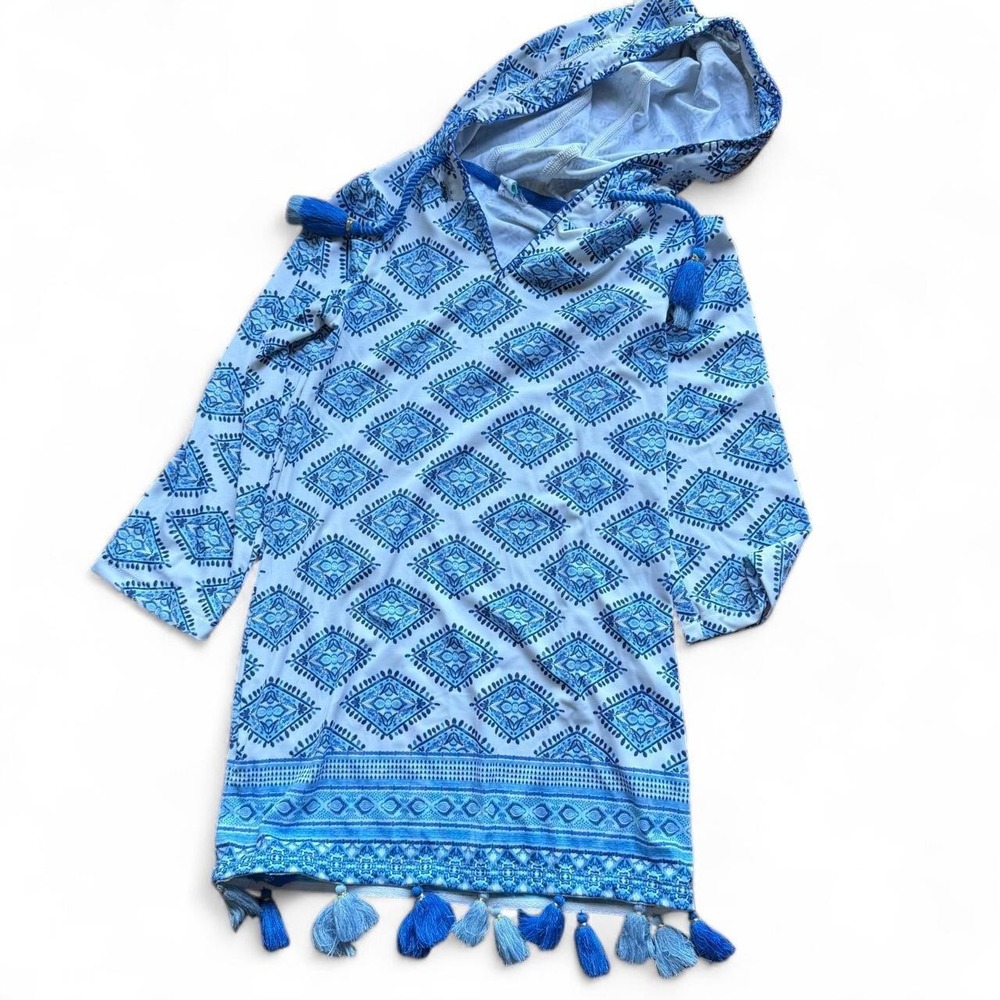 Cabana Life Little Girl Hoodie Swim Coverup UV Blue Geo Print W Tassels Size 3T